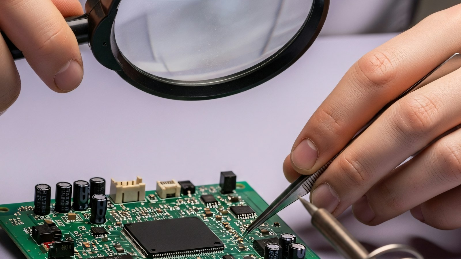 Technician inspecting a circuit board under a magnifying glass